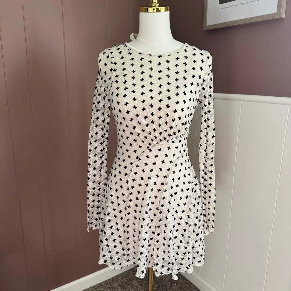 Free People Cream Long Sleeve Mini Dress with Black Dot Print
